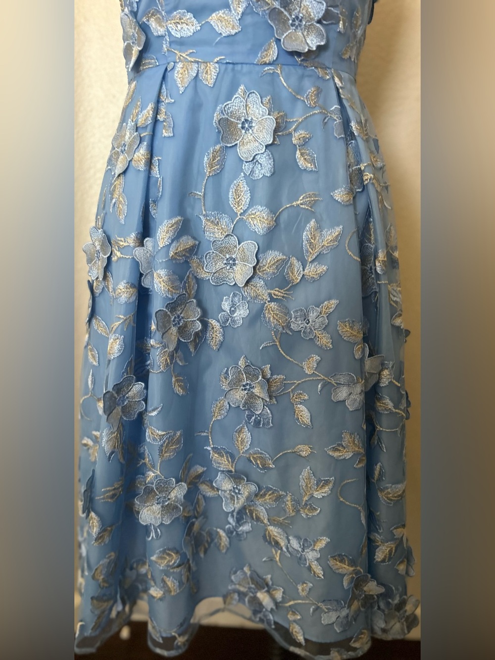 Adrianna Papell Light Blue Floral Appliqué Illusion Neck Midi Dress - Picture 6 of 13